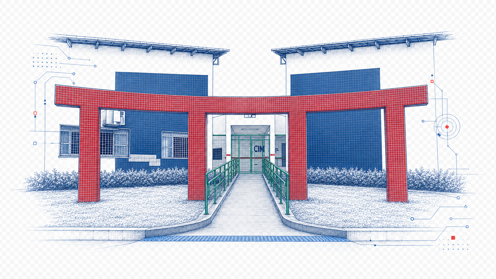 Ilustração arquitetônica da fachada e entrada do Centro de Inovação Maker